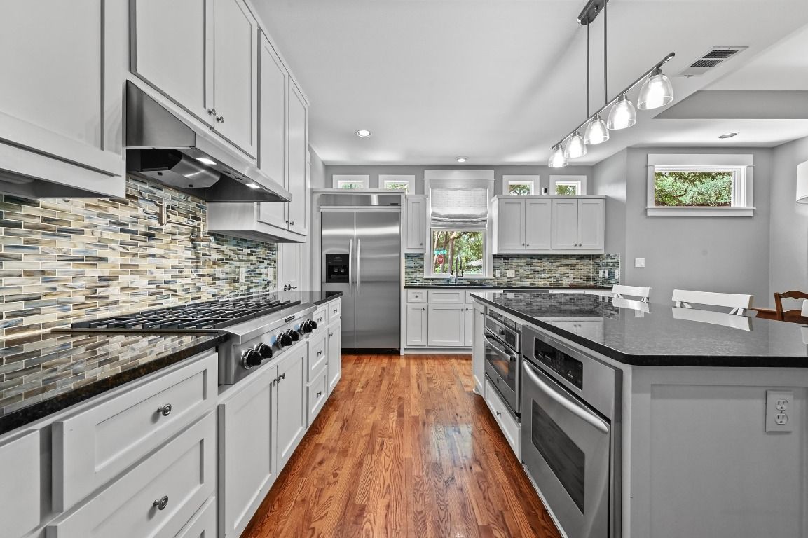 Interior, Kitchen, Pendant Lights, Recessed Lighting, Stainless Steel Appliances, Wood Texture Flooring