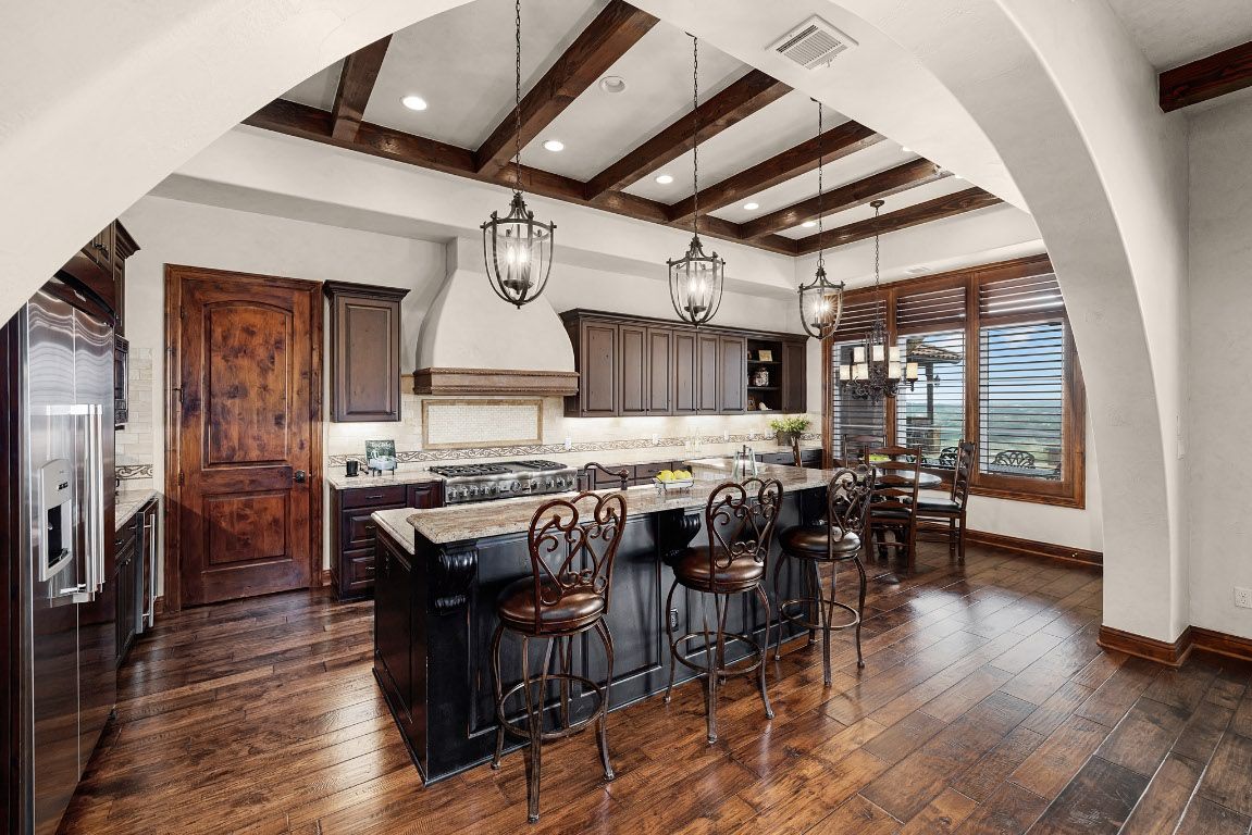 Dining room, Interior, Kitchen, Pendant Lights, Recessed Lighting, Stainless Steel Appliances, Wooden Beams, Wood Texture Flooring