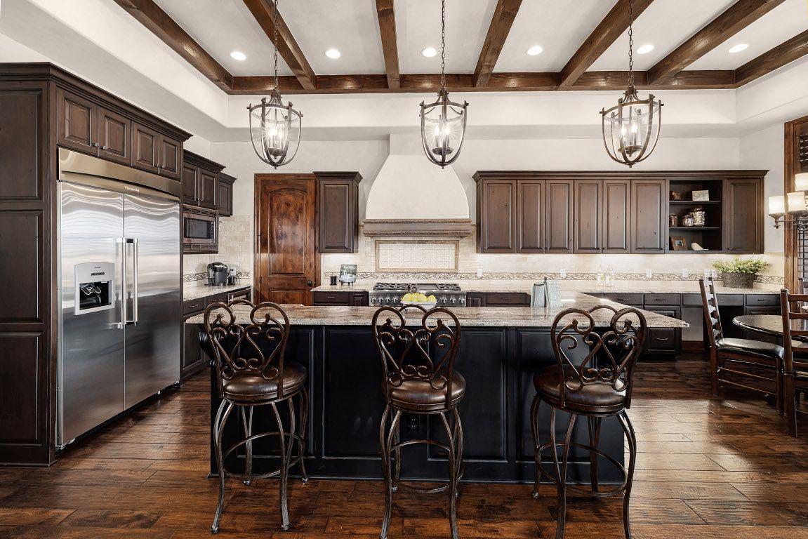 Interior, Kitchen, Pendant Lights, Recessed Lighting, Stainless Steel Appliances, Wooden Beams, Wood Texture Flooring