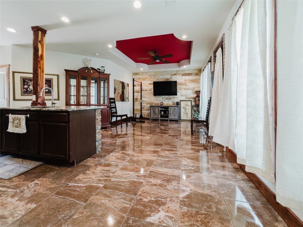 Fireplace, Interior, Recessed Lighting, Stone Walls