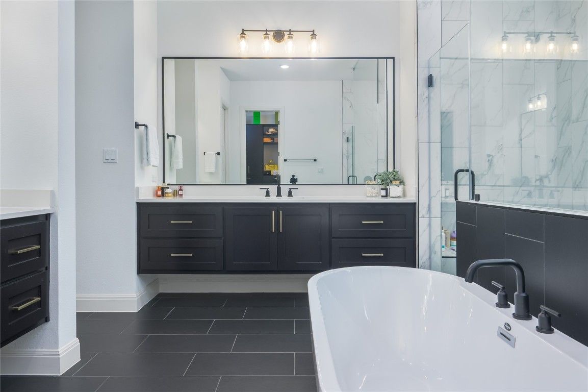 Bathroom, Dual Sink Vanities, Free Standing Baths, Glass Shower, Interior, Marble Walls