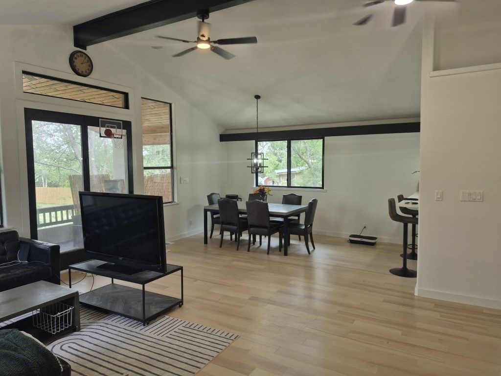 Chandelier, Dining room, Interior, Living room, Pendant Lights, Wooden Beams, Wood Texture Flooring