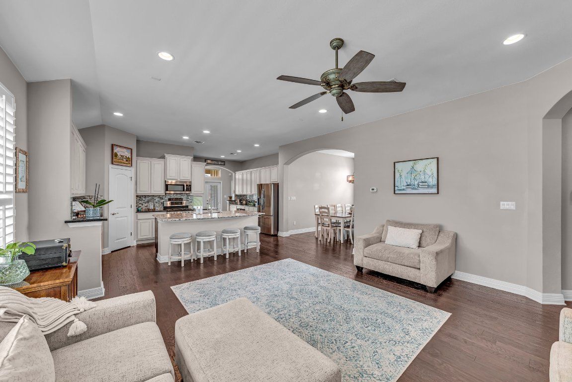 Dining room, Interior, Kitchen, Living room, Recessed Lighting, Stainless Steel Appliances, Wood Texture Flooring