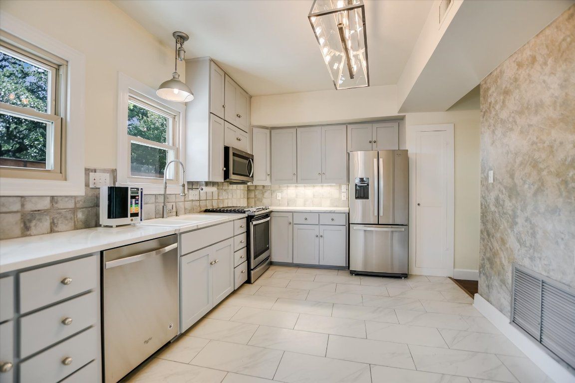 Interior, Kitchen, Marble, Pendant Lights, Stainless Steel Appliances
