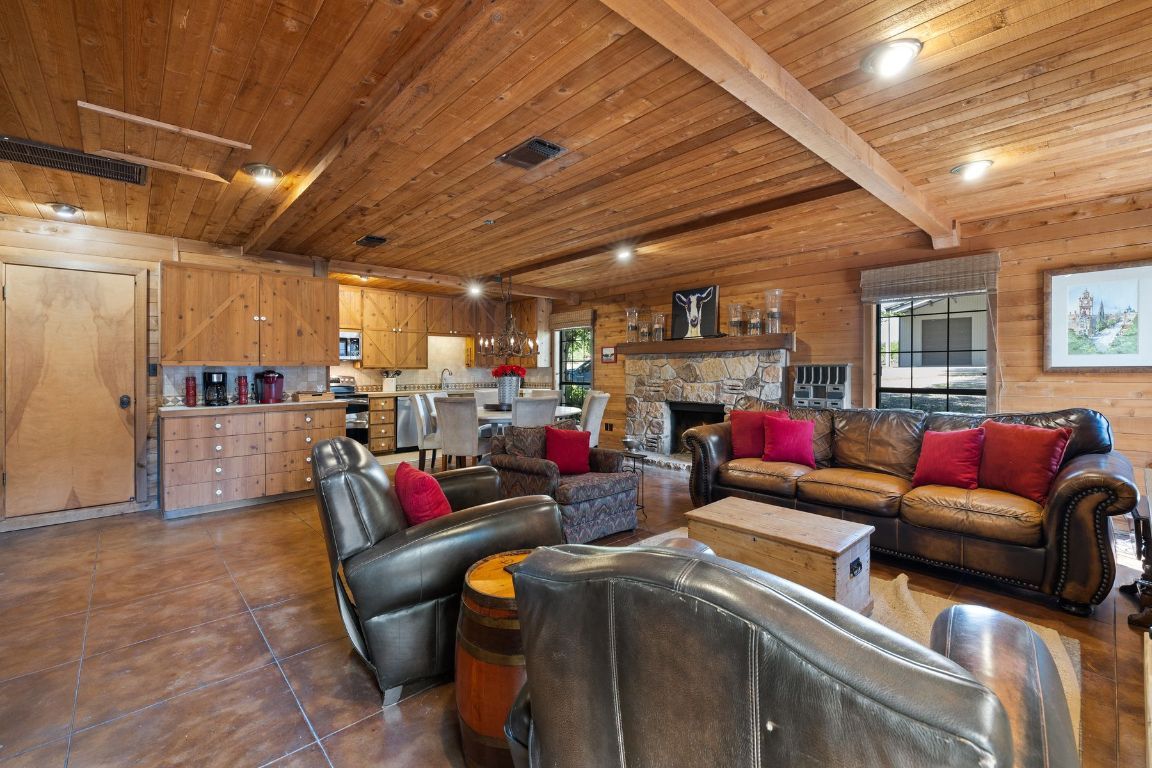 Fireplace, Interior, Kitchen, Living room, Recessed Lighting, Stone Walls, Wooden Beams, Wooden Ceilings, Wooden Walls