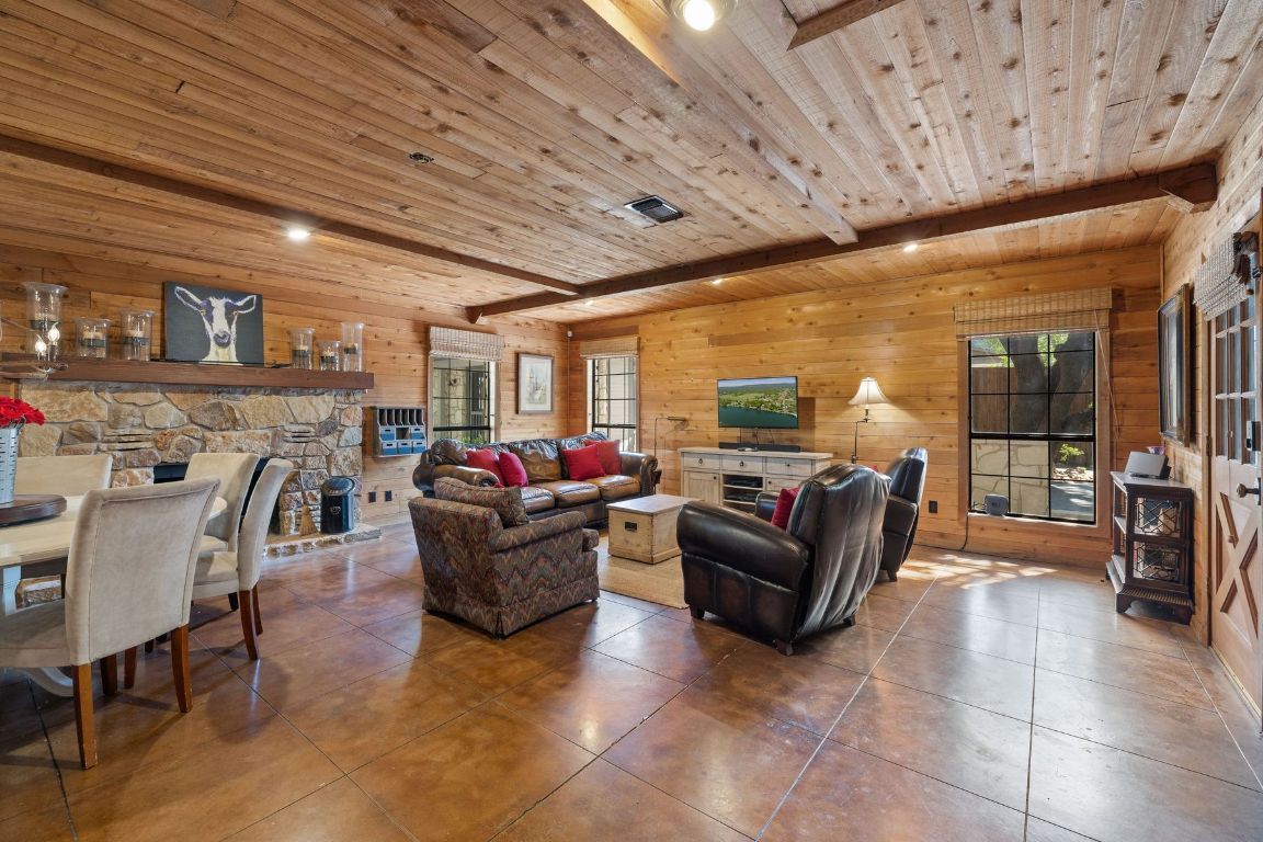 Fireplace, Interior, Living room, Recessed Lighting, Wooden Beams, Wooden Ceilings, Wooden Walls