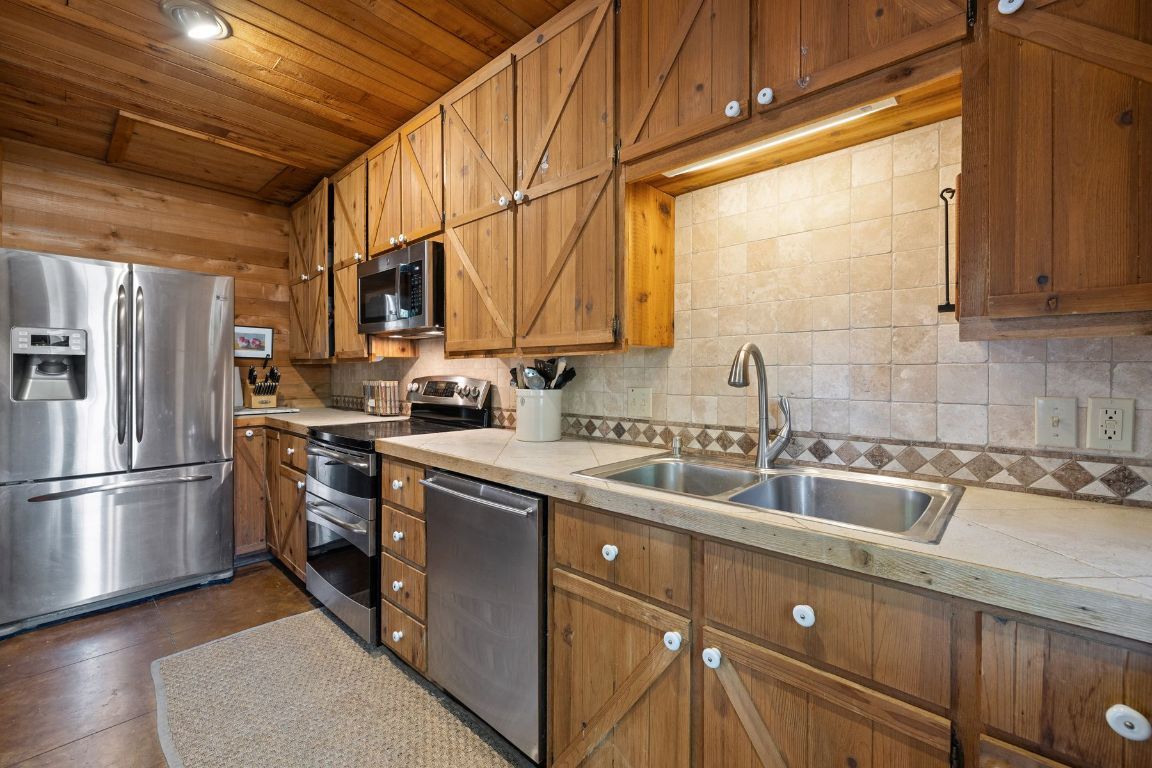 Interior, Kitchen, Recessed Lighting, Stainless Steel Appliances, Wooden Ceilings, Wood Texture Flooring, Wooden Walls