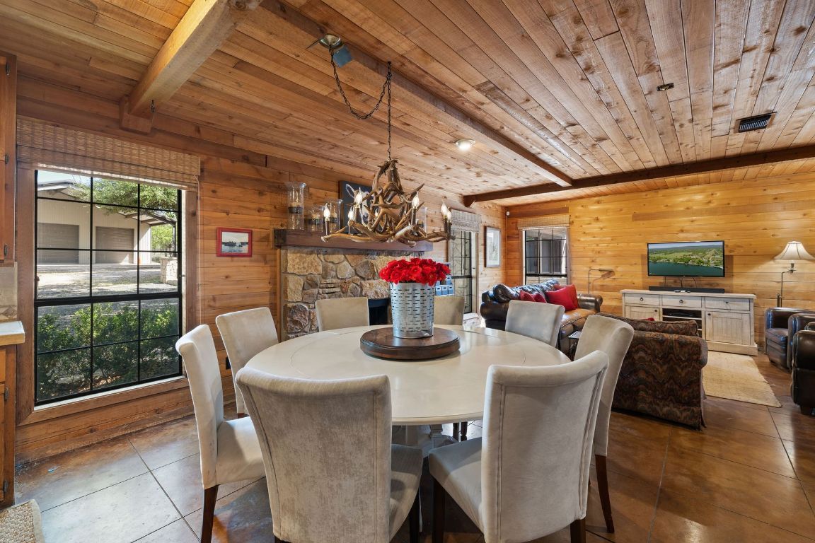 Dining room, Fireplace, Interior, Living room, Recessed Lighting, Wooden Beams, Wooden Ceilings, Wooden Walls