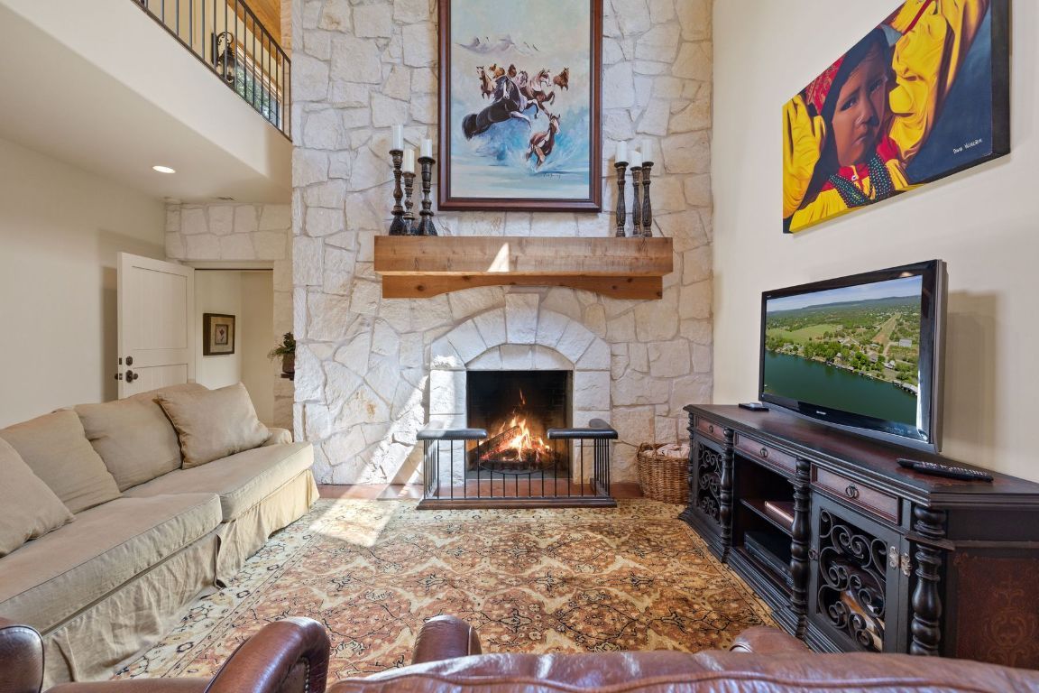 Fireplace, Interior, Living room, Recessed Lighting, Stone Walls