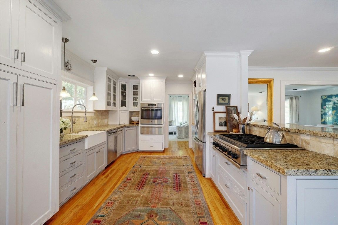 Interior, Kitchen, Pendant Lights, Recessed Lighting, Stainless Steel Appliances, Wood Texture Flooring
