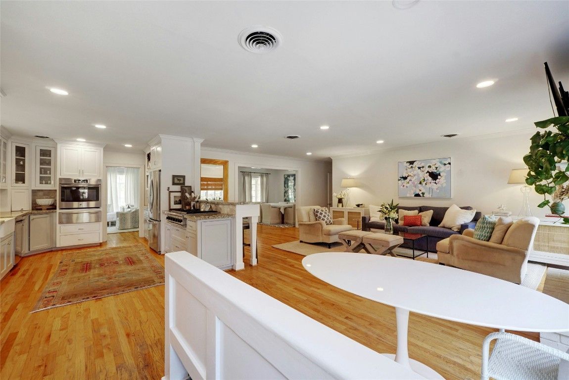 Interior, Kitchen, Living room, Recessed Lighting, Stainless Steel Appliances, Wood Texture Flooring