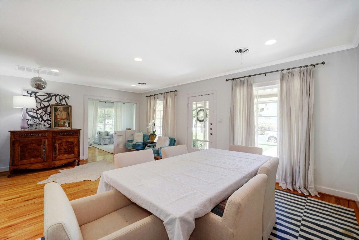 Dining room, Interior, Living room, Recessed Lighting, Wood Texture Flooring