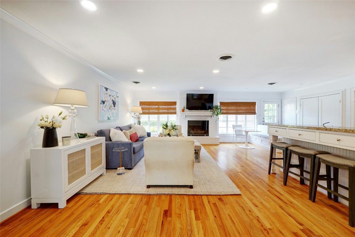 Fireplace, Interior, Living room, Recessed Lighting, Wood Texture Flooring