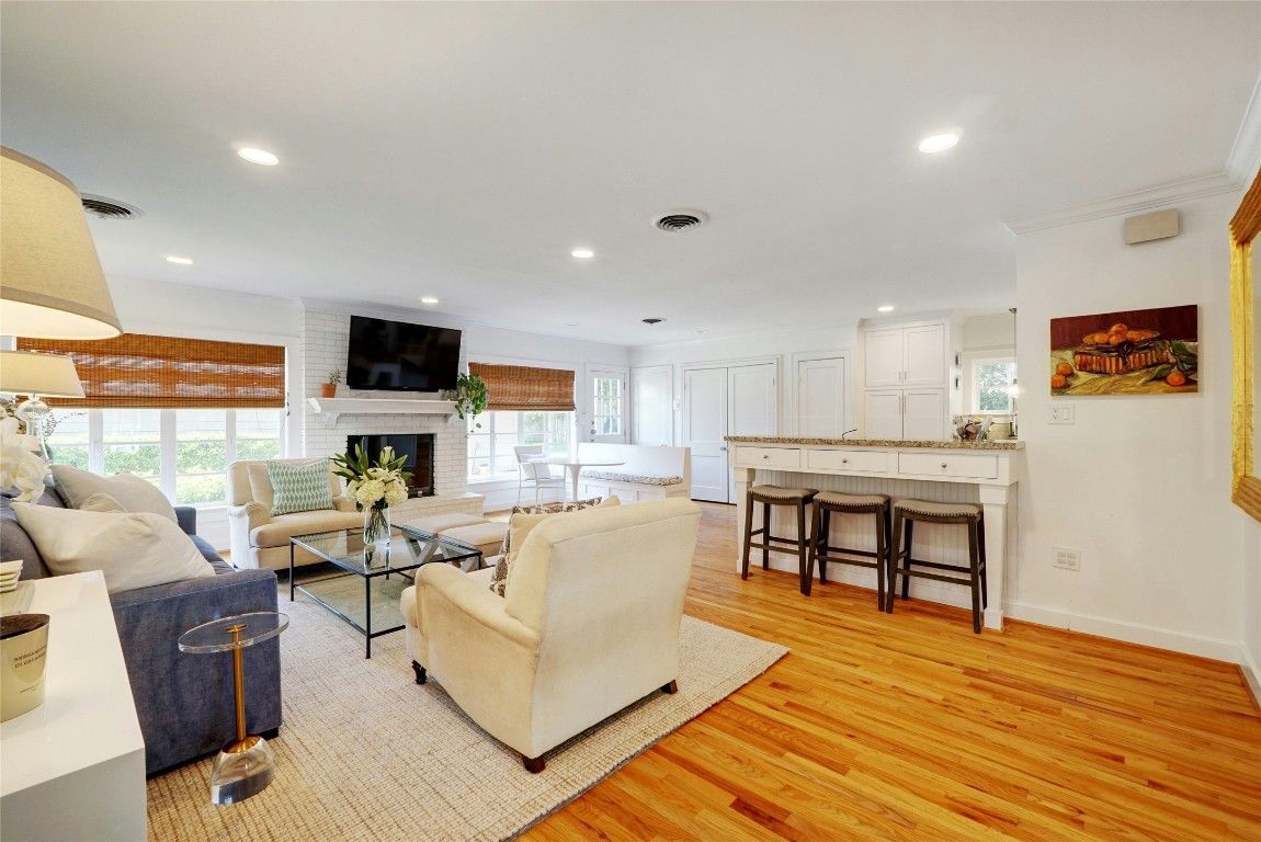 Fireplace, Interior, Living room, Recessed Lighting, Wood Texture Flooring