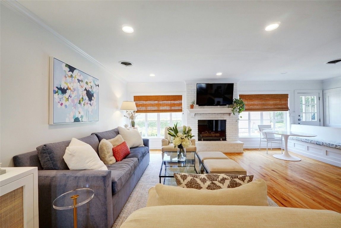 Fireplace, Interior, Living room, Recessed Lighting, Wood Texture Flooring
