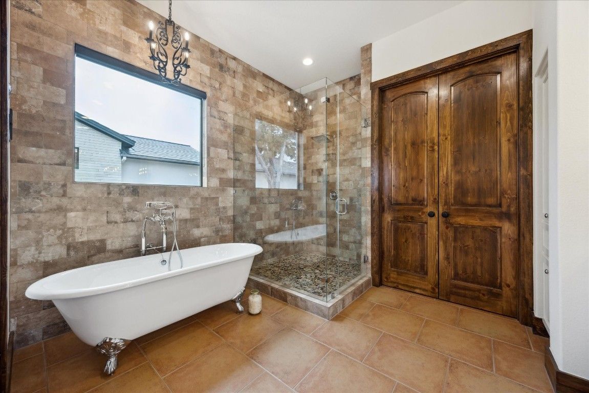 Bathroom, Free Standing Baths, Glass Shower, Interior, Recessed Lighting