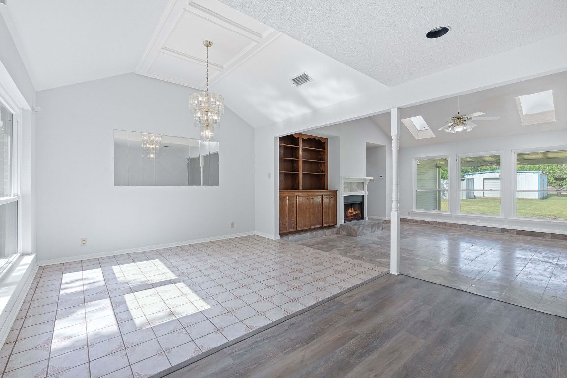 Chandelier, Empty room, Fireplace, Interior, Wood Texture Flooring
