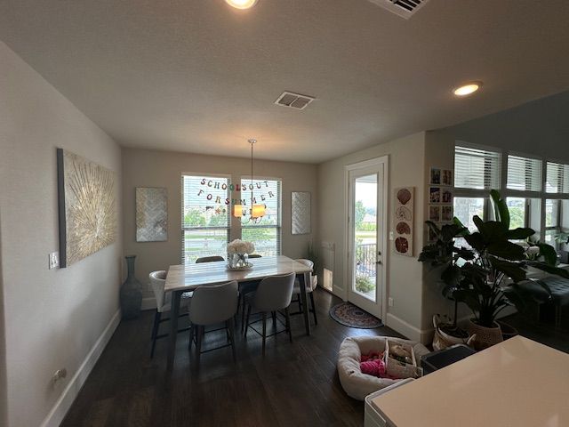 Dining room, Interior, Pendant Lights, Recessed Lighting, Wood Texture Flooring