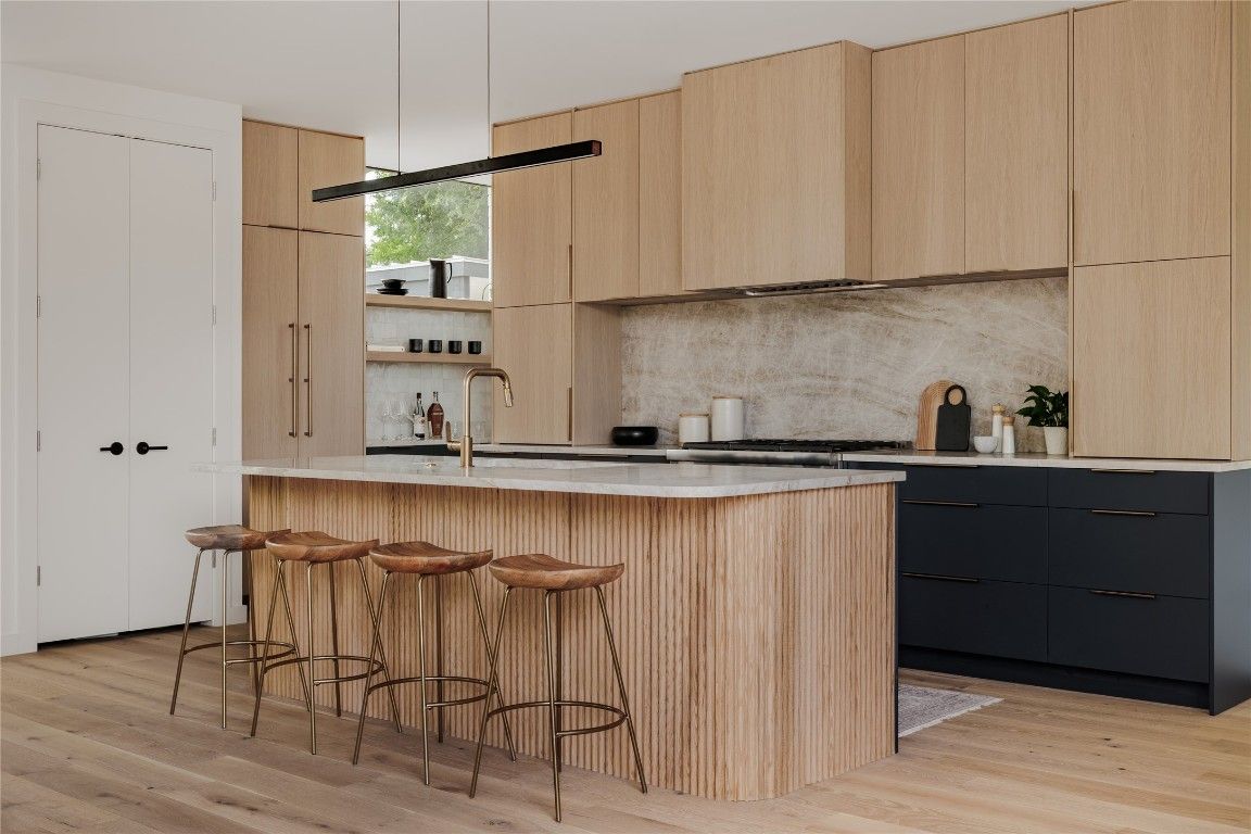 Interior, Kitchen, Pendant Lights, Stainless Steel Appliances, Wood Texture Flooring
