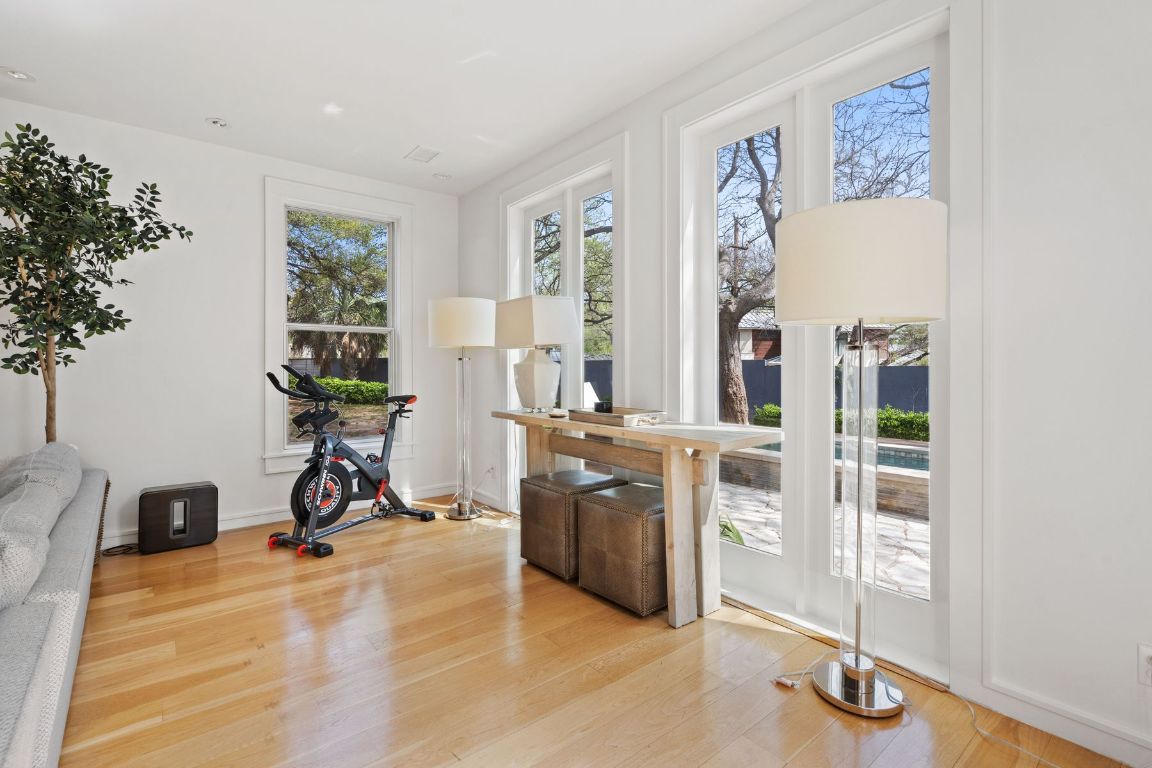 Fitness Equipment, Home Office, Interior, Recessed Lighting, Wood Texture Flooring