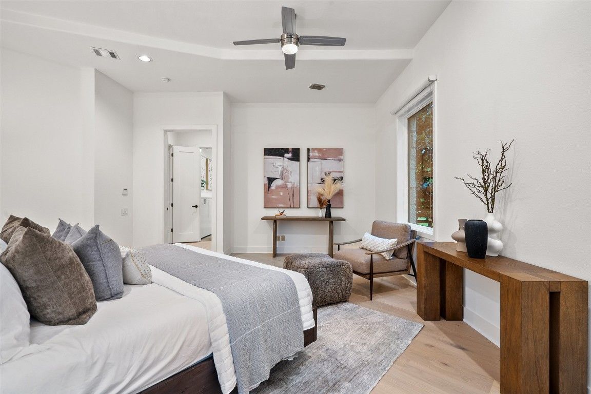 Bedroom, Interior, Recessed Lighting, Wood Texture Flooring