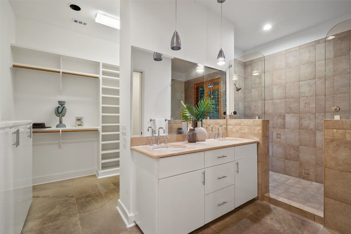 Bathroom, Dual Sink Vanities, Glass Shower, Interior, Pendant Lights, Recessed Lighting