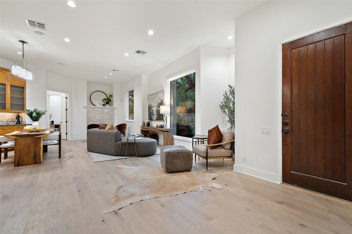 Fireplace, Interior, Living room, Pendant Lights, Recessed Lighting, Wood Texture Flooring