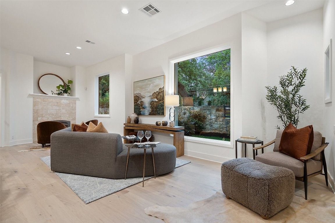 Fireplace, Interior, Living room, Recessed Lighting, Wood Texture Flooring