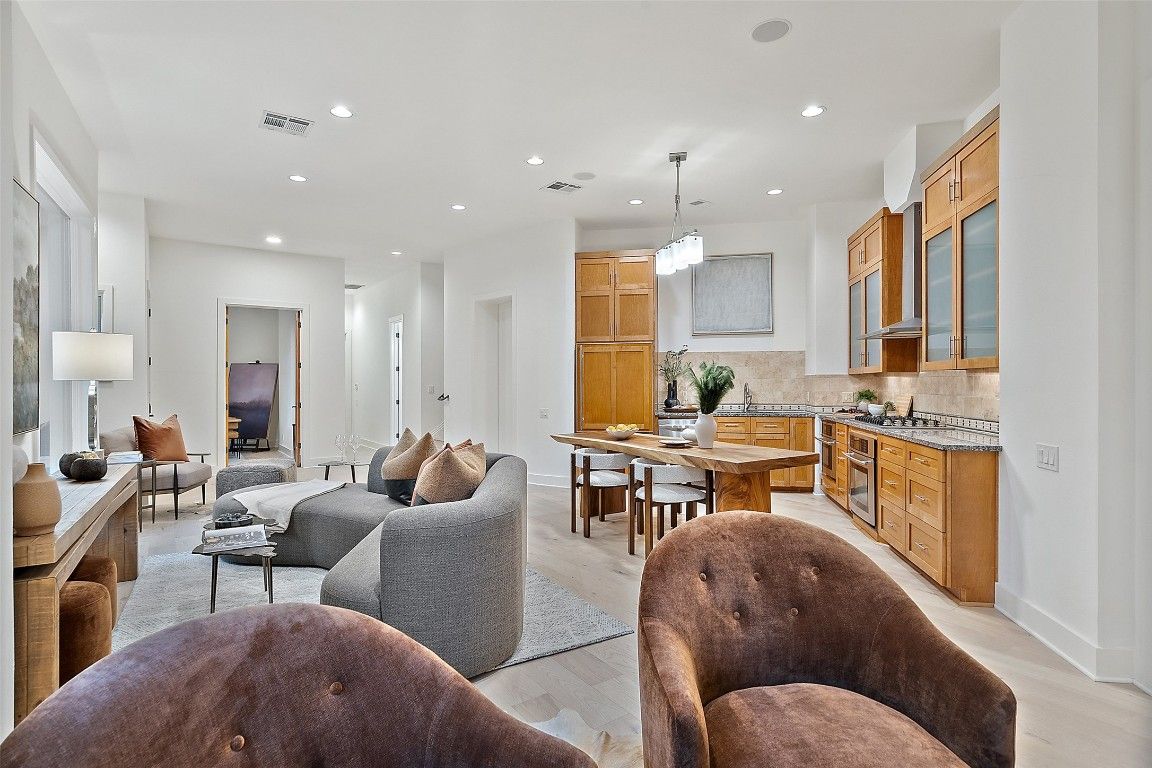 Dining room, Interior, Kitchen, Living room, Pendant Lights, Recessed Lighting, Wood Texture Flooring