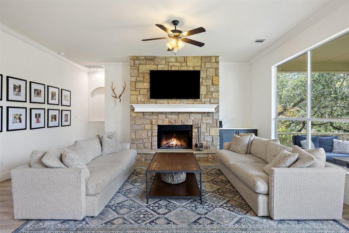 Fireplace, Interior, Living room, Stone Walls, Wood Texture Flooring