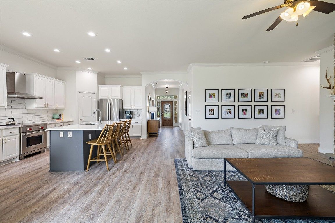 Interior, Kitchen, Living room, Recessed Lighting, Stainless Steel Appliances, Wood Texture Flooring
