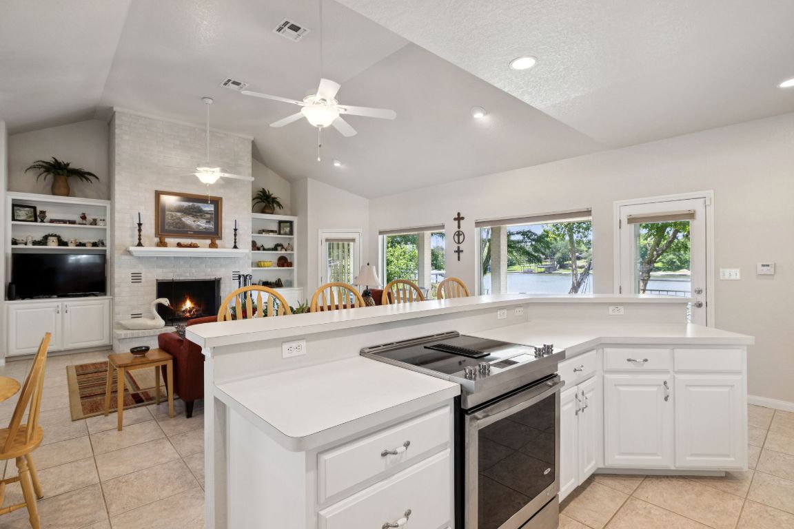 Fireplace, Interior, Kitchen, Pendant Lights, Recessed Lighting