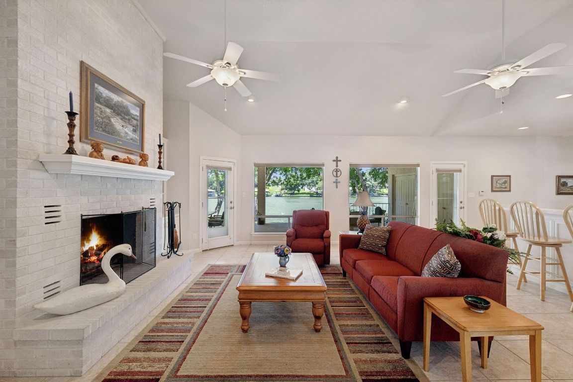Fireplace, Interior, Living room, Recessed Lighting, Stone Walls