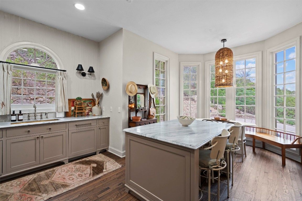 Dining room, Interior, Pendant Lights, Recessed Lighting, Wood Texture Flooring