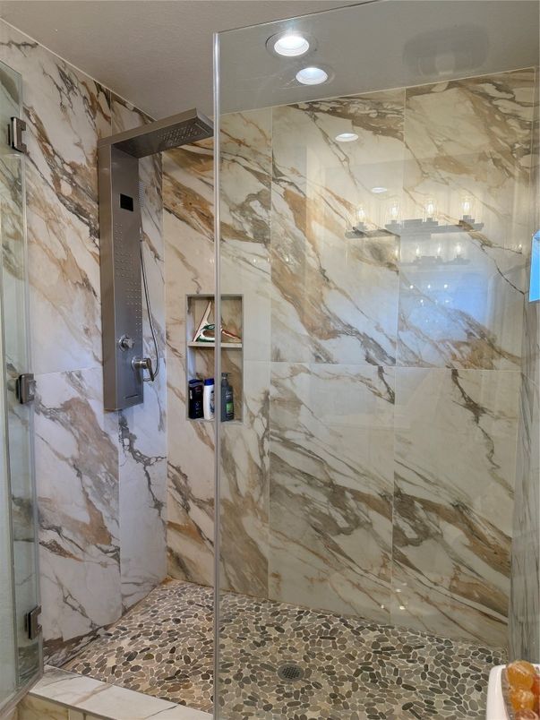 Bathroom, Glass Shower, Interior, Marble Walls, Recessed Lighting