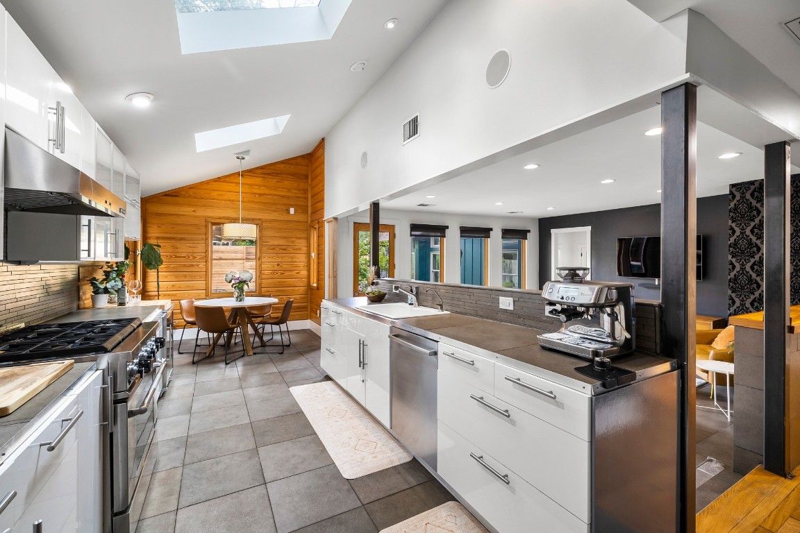 Dining room, Interior, Kitchen, Recessed Lighting, Stainless Steel Appliances, Wooden Walls