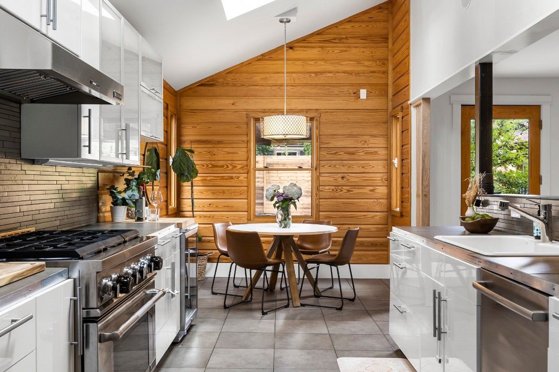 Dining room, Interior, Kitchen, Pendant Lights, Stainless Steel Appliances, Wooden Walls