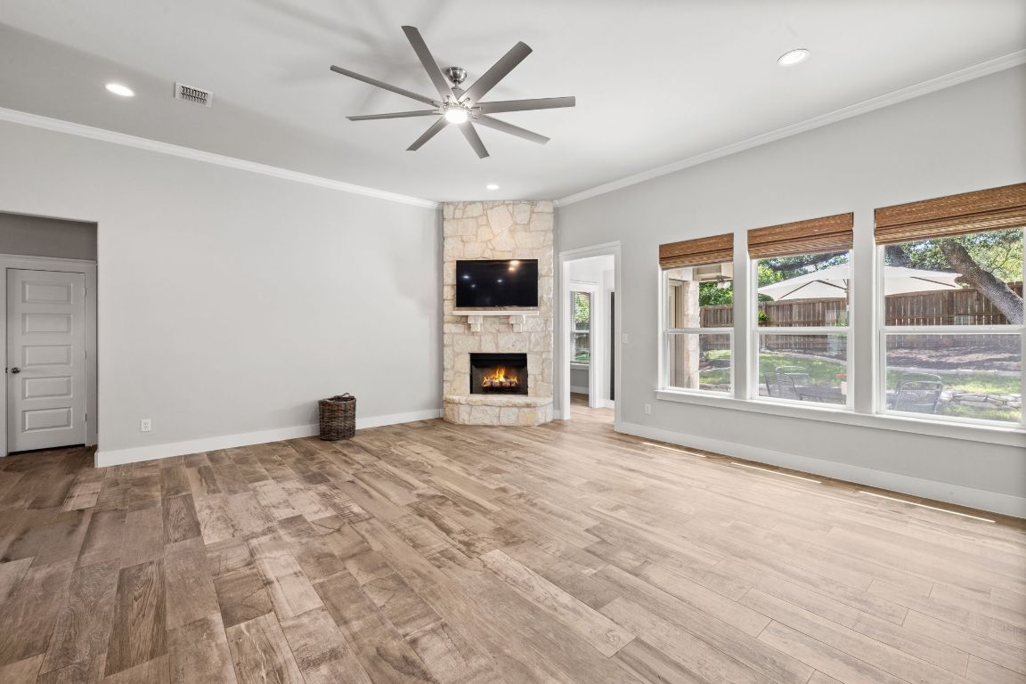 Empty room, Fireplace, Interior, Recessed Lighting, Wood Texture Flooring