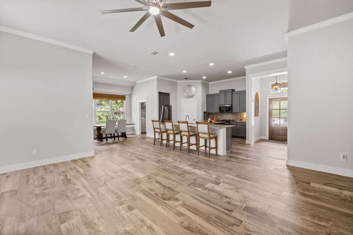 Dining room, Interior, Kitchen, Recessed Lighting, Wood Texture Flooring