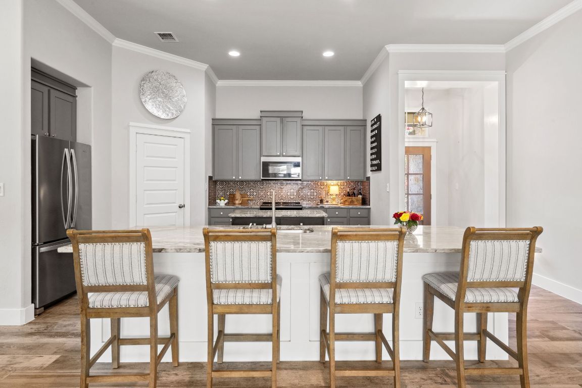 Interior, Kitchen, Pendant Lights, Recessed Lighting, Stainless Steel Appliances, Wood Texture Flooring