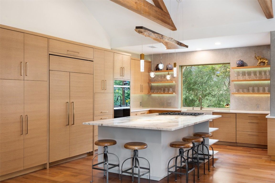 Interior, Kitchen, Pendant Lights, Recessed Lighting, Wooden Beams, Wood Texture Flooring