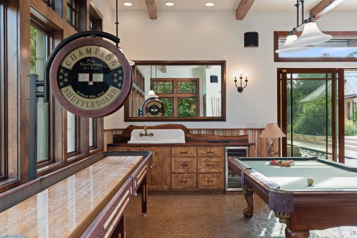 Billiard Table, Game Room, Interior, Pendant Lights, Recessed Lighting, Wooden Beams