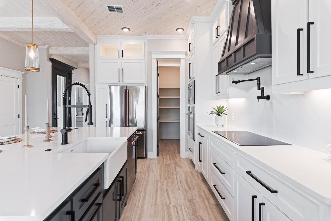Interior, Kitchen, Pendant Lights, Recessed Lighting, Stainless Steel Appliances, Wooden Ceilings, Wood Texture Flooring