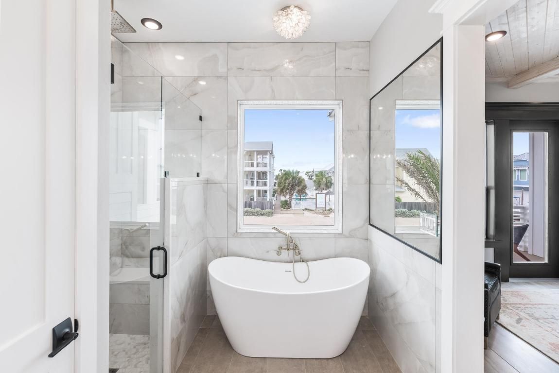 Bathroom, Free Standing Baths, Glass Shower, Interior, Marble Walls, Recessed Lighting