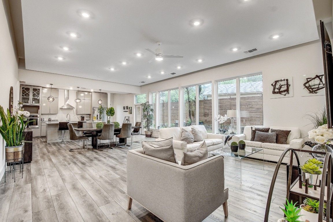Dining room, Interior, Kitchen, Living room, Pendant Lights, Recessed Lighting, Stainless Steel Appliances, Wood Texture Flooring