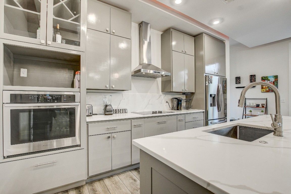 Interior, Kitchen, Recessed Lighting, Stainless Steel Appliances, Wood Texture Flooring