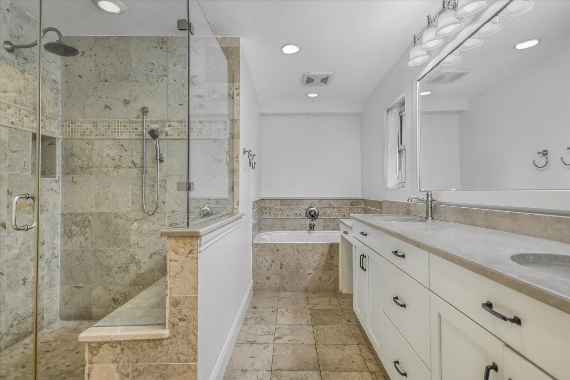 Bathroom, Dual Sink Vanities, Glass Shower, Interior, Recessed Lighting