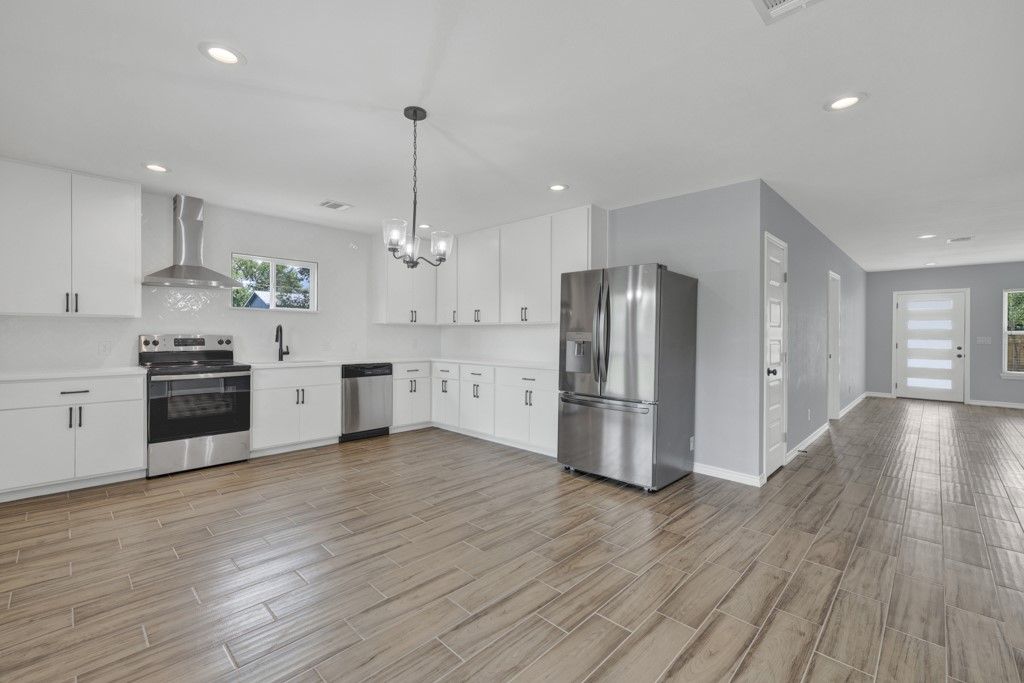 Interior, Kitchen, Pendant Lights, Recessed Lighting, Stainless Steel Appliances, Wood Texture Flooring