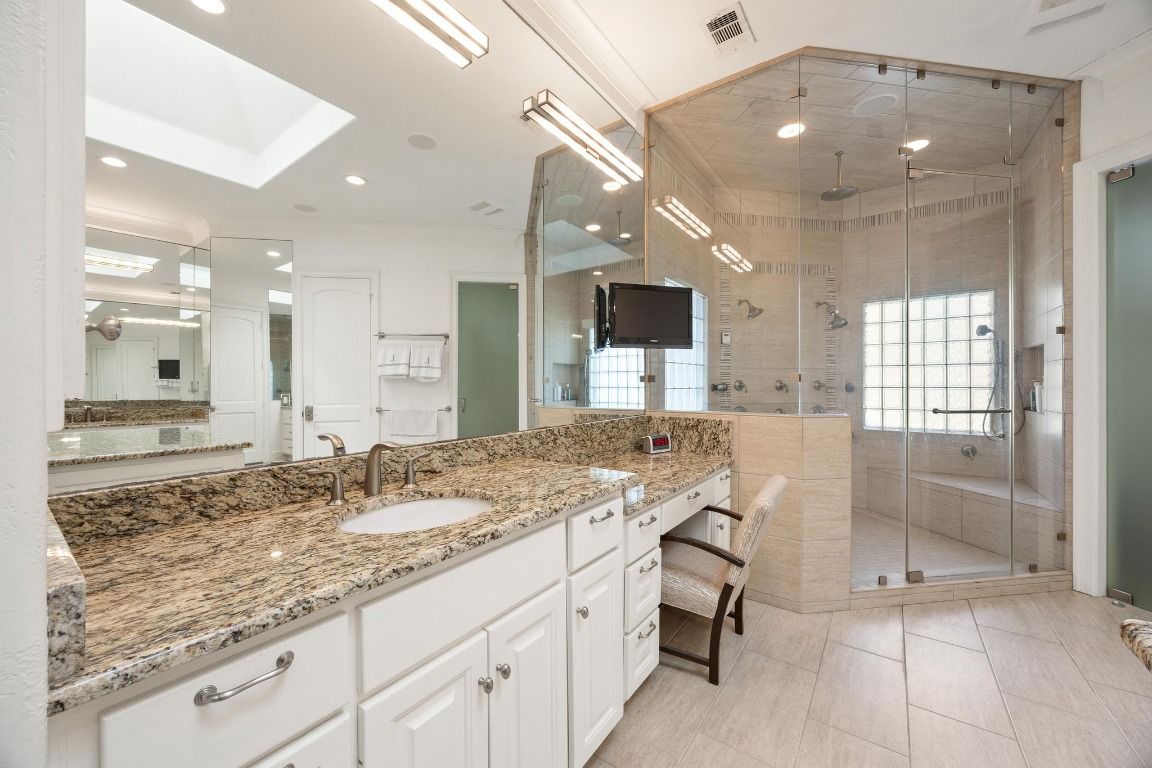 Bathroom, Dual Sink Vanities, Glass Shower, Interior, Recessed Lighting