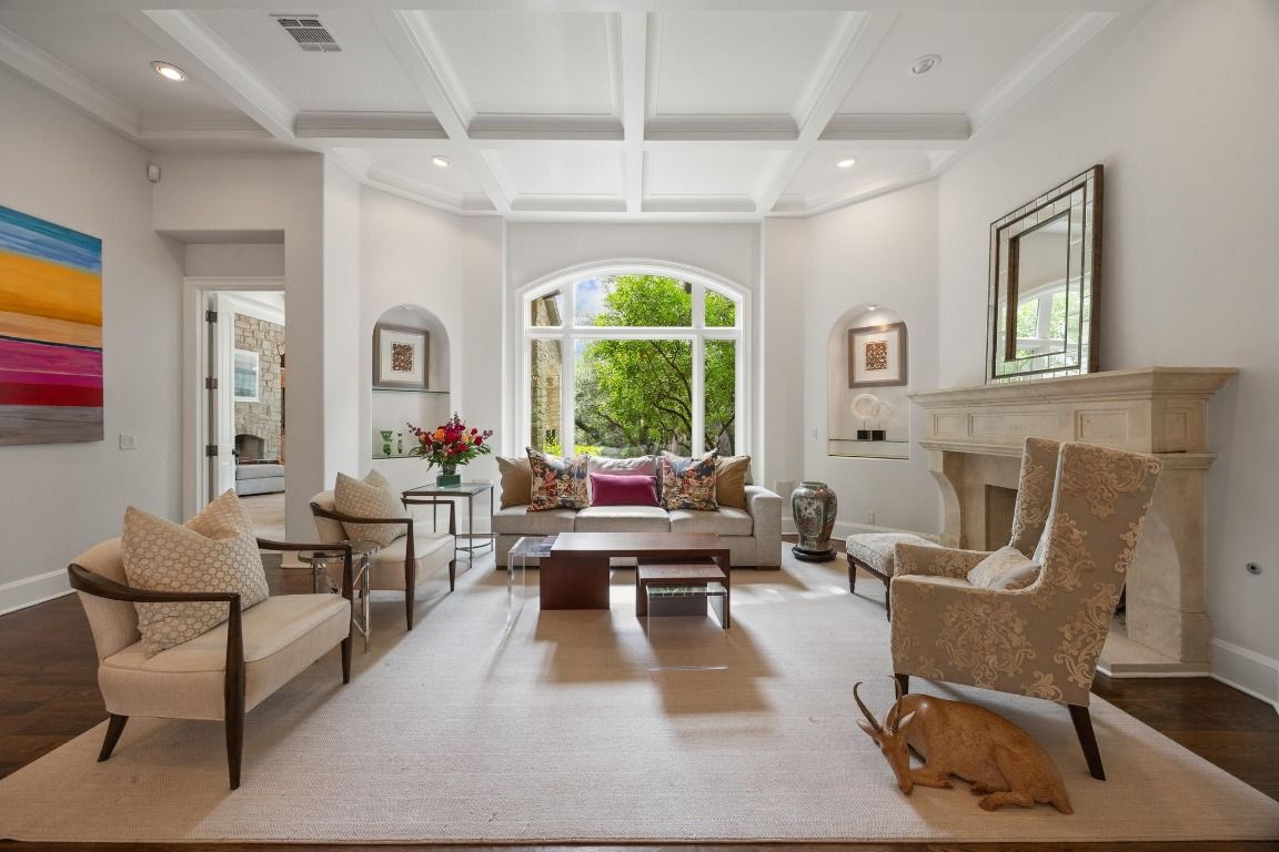 Fireplace, Interior, Living room, Recessed Lighting, Wood Texture Flooring